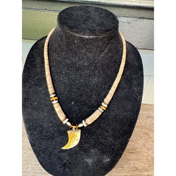 Handcrafted Boho Seashell Necklace With Carved Horn Pendant - Picture 3 of 8